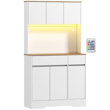 HOMCOM Bufet bucătărie mobilier de bucătărie de depozitare înalt cu lumină LED RGB, blat de lucru, 6 uși, 2 sertare, alb | Aosom Romania