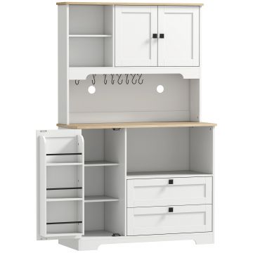 HOMCOM Bufet de Bucătărie Înalt 162 cm, Mobilier de Depozitare cu 2 Dulapuri, 2 Sertare, Suport Condimente, Orificii pentru Cabluri, Rafturi Reglabile, Blat pentru Cuptor cu Microunde, Suporturi pentru Cești, Alb | Aosom Romania
