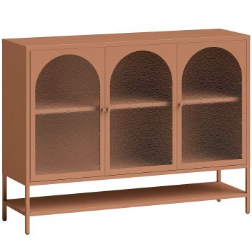 HOMCOM Bufet pentru living, mobilier de depozitare cu 3 uși vitrate arcuite și raft deschis, 140 x 40 x 105 cm, ruginiu | Aosom Romania