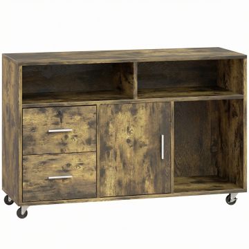 HOMCOM Dulap pentru Imprimantă pe Roți cu 2 Sertare, Încuietoare cu Cheie, 3 Rafturi și Dulap, pentru Documente de Birou și Studiu, 100x35x65 cm, Maro Rustic | Aosom Romania
