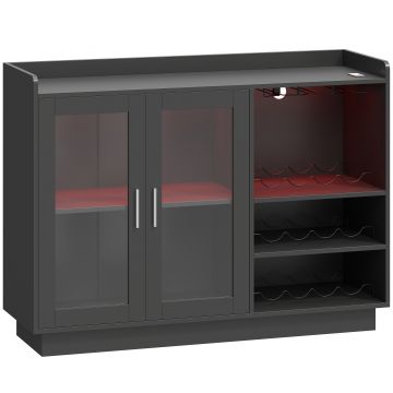 HOMCOM Dulap Port-Sticle cu Lumini LED RGB și Suport pentru 12 Sticle, Dulap pentru Vinuri cu Raft Reglabil și Uși cu Închidere Lentă din Sticlă pentru Casă, Bucătărie și Sufragerie, Negru | Aosom Romania