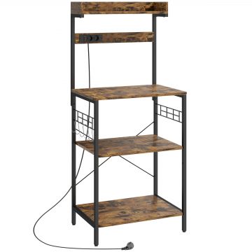 HOMCOM Estantería de Cocina con 2 Tomacorrientes Estante para Microondas Estante Ajustable Ganchos 60x42x137 cm Marrón Rústico | Aosom Romania