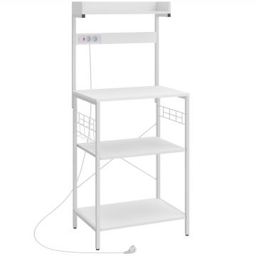 HOMCOM Etajeră de bucătărie cu 2 prize Raft pentru cuptor cu microunde Raft reglabil Cârlige 60x42x137 cm Alb | Aosom Romania