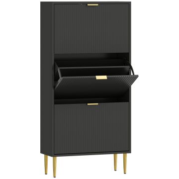 HOMCOM Mobilier pentru pantofi 18 perechi cu 3 sertare rabatabile, uși canelate și rafturi reglabile, 60x24x122,5cm, negru | Aosom Romania