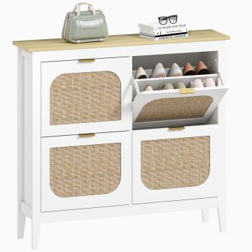 HOMCOM Zapatero Estrecho con 4 Puertas de Ratán Estantes Ajustables para 20 Pares de Zapatos 105x24x95,5 cm Alb | Aosom Romania