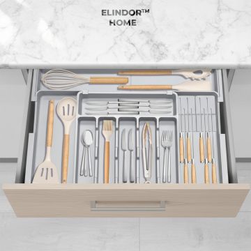 Organizator Extensibil Elindor® pentru Tacamuri si Ustensile de Bucatarie, 9 Compartimente, Sertar Extensibil 36.8-48.3 cm si 33.5 – 55.9 cm, Suport Ajustabil pentru Cutite, Linguri, Furculite, Gri - Default Title