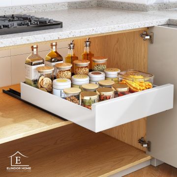 Organizator Multifunctional Elindor® Tip Sertar, cu Adeziv, Suport Metalic Dulap sub Blat Chiuveta, Inaltime Reglabila, Sertar Glisant Organizare pentru Bucatarie, Baie, Camara, Bar, Raft cu Sertare Depozitare Detergenti, Parfumuri, 43x25x9 cm, Alb - Def