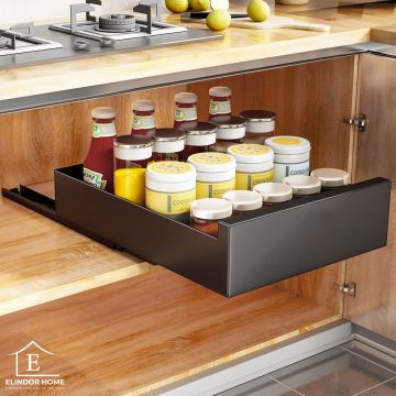 Organizator Multifunctional Elindor® Tip Sertar, cu Adeziv, Suport Metalic Dulap sub Blat Chiuveta, Inaltime Reglabila, Sertar Glisant Organizare pentru Bucatarie, Baie, Camara, Bar, Raft cu Sertare Depozitare Detergenti, Parfumuri, 43x25x9 cm, Negru - D