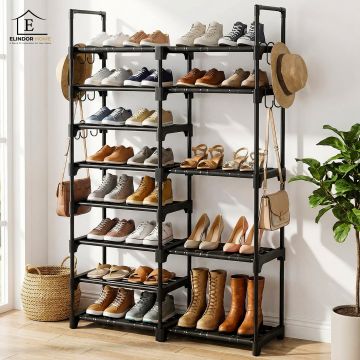 Organizator pentru Pantofi Elindor® Asimetric, Pantofar cu 8 Nivele Mari si 15 Carlige Metalice, Fara Gauri, Suport Metalic pentru Papuci, Dulap Hol, Dormitor, Economisire Spatiu, Depozitare Incaltaminte, 85 × 30.5 × 140 cm, Negru - Default Title