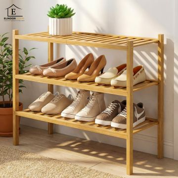 Organizator pentru Pantofi Elindor® Pantofar cu 3 Nivele Mari, Fara Gauri, Suport Bambus pentru Papuci, Dulap Hol, Dormitor, Economisire Spatiu, Depozitare Incaltaminte, 50.8 × 28 × 68.5 cm, Bej - Default Title