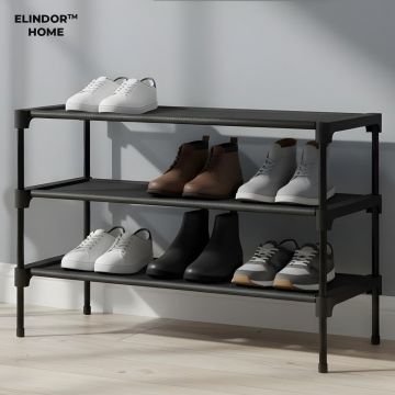 Organizator pentru Pantofi Elindor® Pantofar cu 3 Nivele Mari, Fara Gauri, Suport Metalic pentru Papuci, Dulap Hol, Dormitor, Economisire Spatiu, Depozitare Incaltaminte, 30 × 70 × 47 cm, Negru - Default Title