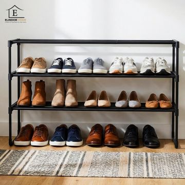 Organizator pentru Pantofi Elindor® Pantofar cu 3 Nivele Mari, Fara Gauri, Suport Metalic pentru Papuci, Dulap Hol, Dormitor, Economisire Spatiu, Depozitare Incaltaminte, 30 × 92 × 55 cm, Negru - Default Title