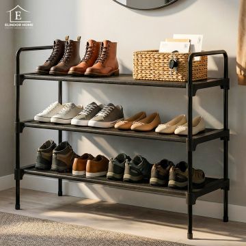Organizator pentru Pantofi Elindor® Pantofar cu 3 Nivele Mari, Fara Gauri, Suport Metalic pentru Papuci, Dulap Hol, Dormitor, Economisire Spatiu, Depozitare Incaltaminte, 70 × 30 × 57 cm, Negru - Default Title