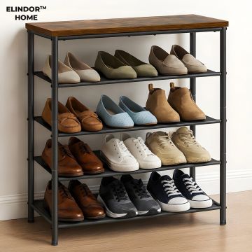 Organizator pentru Pantofi Elindor® Pantofar cu 5 Nivele Mari, Fara Gauri, Suport Metalic pentru Papuci, Dulap Hol, Dormitor, Economisire Spatiu, Depozitare Incaltaminte, 75 x 30 x 91 cm, Negru/Maro - Default Title