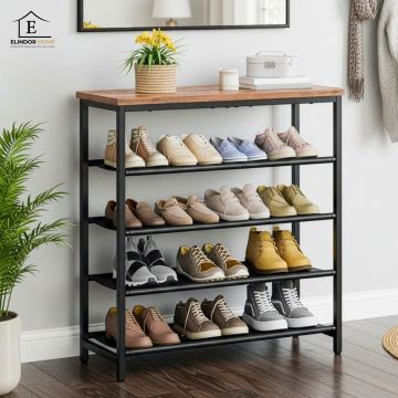 Organizator pentru Pantofi Elindor® Pantofar cu 5 Nivele Mari, Fara Gauri, Suport Metalic si MDF pentru Papuci, Dulap Hol, Dormitor, Economisire Spatiu, Depozitare Incaltaminte, 75 x 30 x 90 cm, Negru/Maro - Default Title