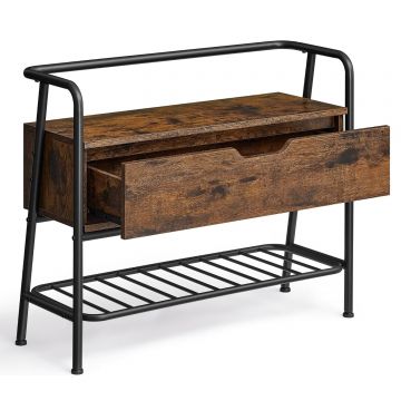 Pantofar cu banca de depozitare, raft si sertar, stil industrial, 30x80x64 cm, maro rustic