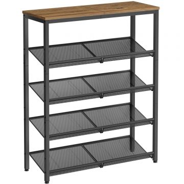 Raft de pantofi, 5 nivele reglabile din plasa, pentru 12-16 perechi, 75x28x93 cm, maro rustic