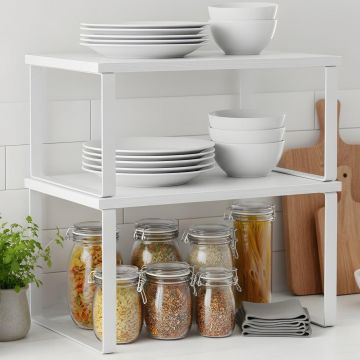 Set 2 Rafturi Elindor® din Bambus, Raft Extensibil si Suprapus pentru Bucatarie, Organizator Metalic Reglabil, Ideal ca Etajera Depozitare in Camara sau Birou, Perfect pentru Condimente, Vesela, Farfurii, Stabil si Compact, Polita pentru Obiecte Diverse,