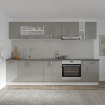 Set Bucatarie Karo V25, Gri Lucios/Alb, MDF, Blat Thermo 28 mm, L 300 cm