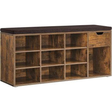 VASAGLE Banca de depozitare cu suport pentru pantofi, 10 compartimente si dulap, cu perna, 30x104x48cm, maro rustic