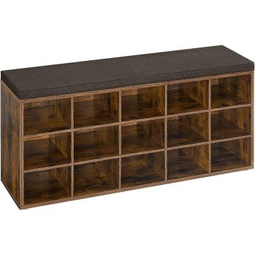 VASAGLE Banca pentru hol cu suport pentru pantofi, 15 compartimente, cu perna, 30x105x48cm, maro rustic