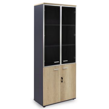 Biblioteca Lotus cu patru usi din sticla si lemn Stejar, Gri inchis, 80x40x200 cm