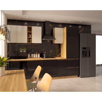 Bucatarie Chelsea, Stejar K003 - Alb Negru, 300x60x215cm