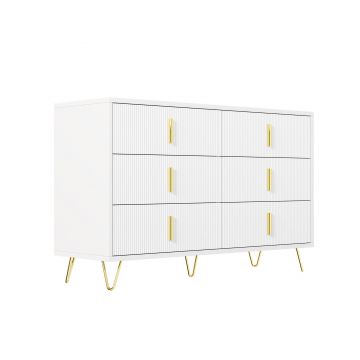 Bufet cu 6 sertare, mânere și picioare aurii, textură ondulată, 120x40x77 cm, Alb+Aurii