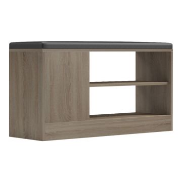 Dulap pentru pantofi cu scaun Deboule, Sonoma-Negru, Lemn, 90x30x46 cm, pentru 8 perechi de pantofi