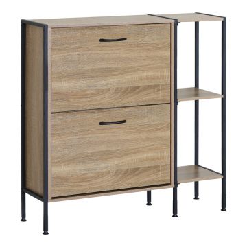 Dulap pentru pantofi pentru 12 perechi Karleva, Stejar cu metal, negru, 88x24x87 cm