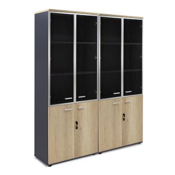 Dulapuri Lotus cu 2 usi din sticla/lemn, stejar-Gri inchis, 160x45x180 cm