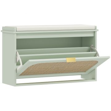 HOMCOM Banc pentru pantofi, banc de depozitare, șezut căptușit, sertar rabatabil, ușă din ratan, 80 x 26 x 47,5 cm, verde | Aosom Romania