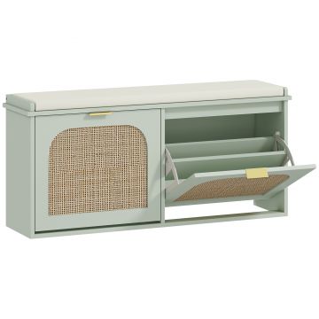 HOMCOM Bancă pentru încălțăminte, banc de depozitare, șezut căptușit, sertare rabatabile, ușă din ratan, 104 x 26 x 47,5 cm, verde | Aosom Romania