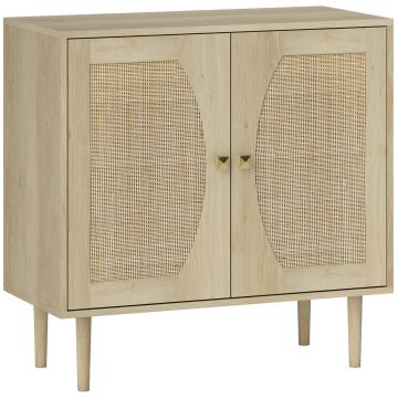 HOMCOM Bufet de bucătărie, mobilier de depozitare cu două uși și 2 niveluri, fațadă din cannage, 80 x 38 x 79 cm efect lemn natural | Aosom Romania