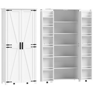 HOMCOM Bufet înalt bucătărie, dulap de bucătărie, 2 uși cu role, 6 compartimente, 14 suporturi pe uși, rafturi reglabile, alb | Aosom Romania