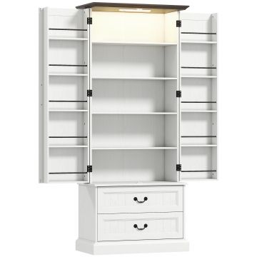 HOMCOM Bufet înalt bucătărie, dulap de bucătărie, LED cu senzor, 2 uși, sertare și rafturi reglabile, 76x39,5x183cm, alb | Aosom Romania