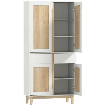HOMCOM Bufet înalt de bucătărie, dulap de bucătărie cu 4 uși, 2 sertare și rafturi reglabile, 80x35x170cm, alb și stejar | Aosom Romania