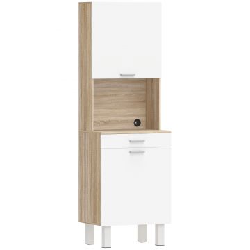 HOMCOM Bufet înalt pentru bucătărie, dulap de bucătărie cu 2 uși, sertar și blat, 55x40x174 cm, alb și lemn natural | Aosom Romania