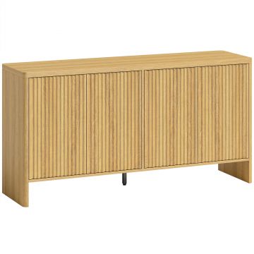HOMCOM Bufet living, mobilier de depozitare cu 4 uși canelate, raft reglabil, deschidere prin apăsare, 147x40x77cm, stejar | Aosom Romania