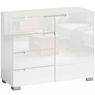 HOMCOM Bufet lucios, bufet modern cu 4 sertare, dulap de bucătărie cu închidere lentă, alb | Aosom Romania