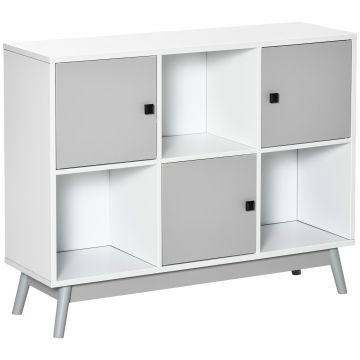 HOMCOM Bufet, mobilier de depozitare cu 3 uși și 3 compartimente deschise, picioare din lemn de pin, 96x30x75cm, alb și gri | Aosom Romania