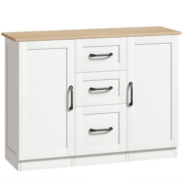 HOMCOM Bufet pentru living, mobilier de depozitare cu 2 uși cu închidere silențioasă și 3 sertare, 110x35x80,4cm, alb și lemn natural | Aosom Romania