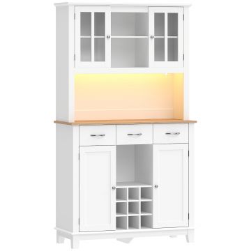 HOMCOM Dulap de bucătărie cu iluminare LED control prin APP blat pentru microunde suport pentru sticle uși din sticlă Alb | Aosom Romania