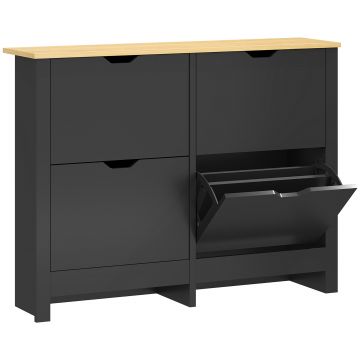 HOMCOM Dulap pentru pantofi 16 perechi, dulap cu 4 sertare rabatabile și polițe reglabile, negru și lemn natural | Aosom Romania