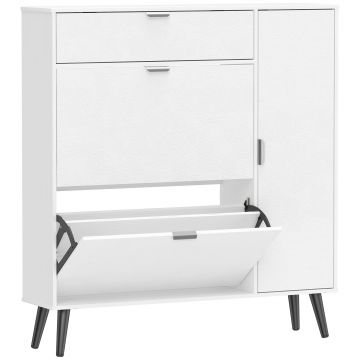 HOMCOM Pantofar îngust cu 2 compartimente rabatabile, dulap pentru încălțăminte cu uși din piele lychee și rafturi reglabile, Alb | Aosom Romania