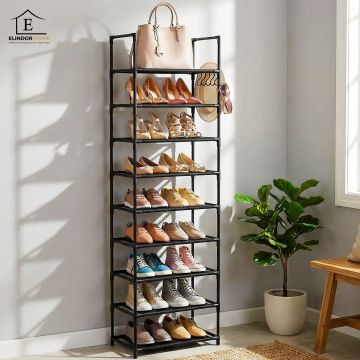 Organizator pentru Pantofi Elindor® Pantofar cu 10 Nivele Mari si 5 Carlige Metalice, Fara Gauri, Suport Metalic pentru Papuci, Dulap Hol, Dormitor, Economisire Spatiu, Depozitare Incaltaminte, 25.5 × 43 × 173 cm, Negru - Default Title