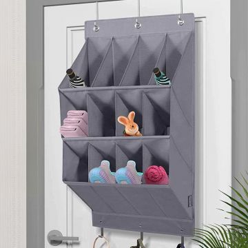 Organizator Suspendat pentru Pantofi Elindor® cu 12 Buzunare Mari si 3 Carlige Metalice, Fara Gauri, Suport Textil pentru Usa, Dulap, Hol, Dormitor, Rulota, Economisire Spatiu, Agatare Rapida, Depozitare Accesorii, Incaltaminte, Produse Curatenie, Gri -