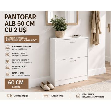 Pantofar alb 60 cm cu 2 usi - mobilier compact pentru hol