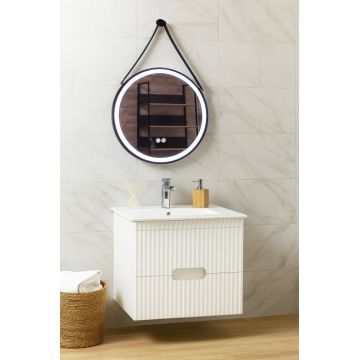 Set Baza front MDF cu Lavoar si Oglinda cu iluminare LED, seria 009, suspendata, cu sertare, 60 cm, alb