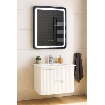 Set Baza front MDF cu Lavoar si Oglinda cu iluminare LED, seria 009, suspendata, cu sertare, 70 cm, alb
